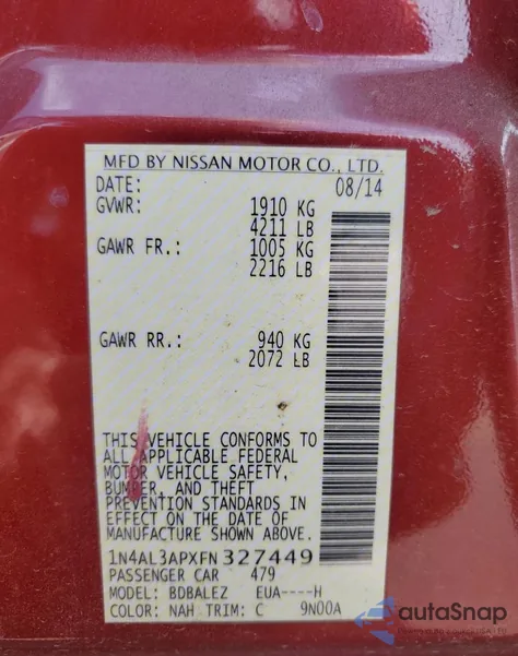 2015 Nissan Altima 2.5 z USA, uszkodzony, nr VIN 1N4AL3APXFN327449